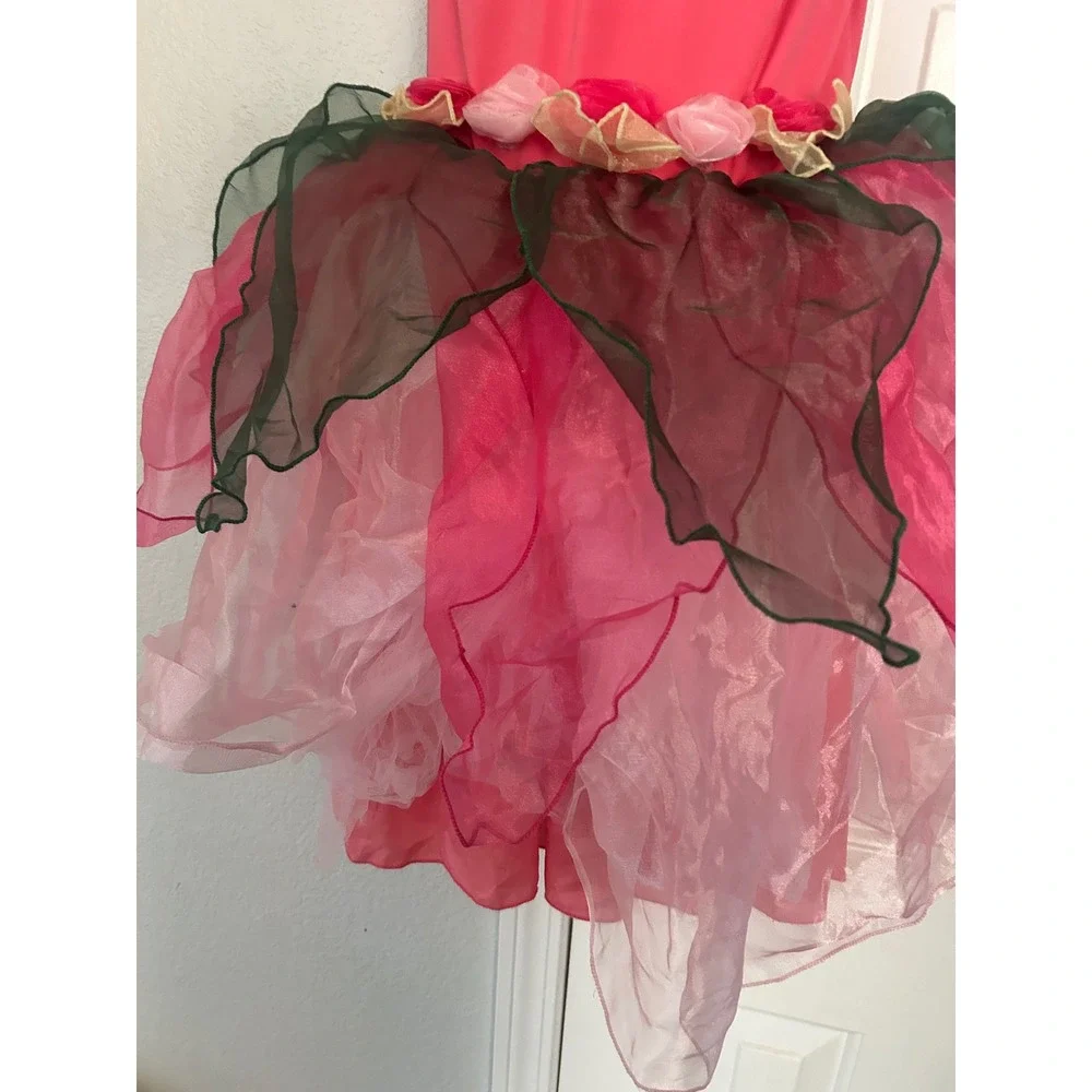 Girls Pink Fairy Princess Costume Dress Floral Rosette Tulle Skirt Size 6-7Y